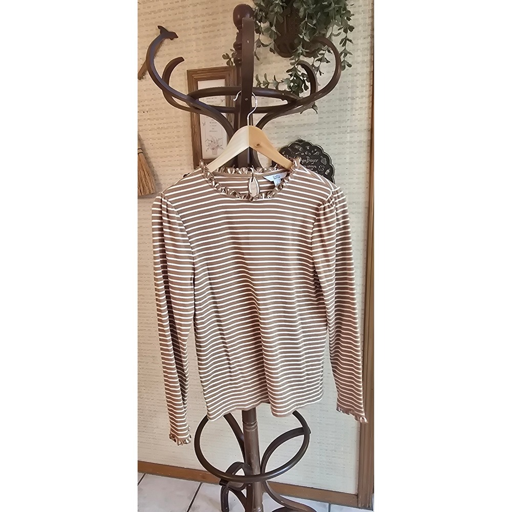 Croft & Barrow Womens Brown White Striped Ruffle Neck Ribbed Long Sleeve Top L